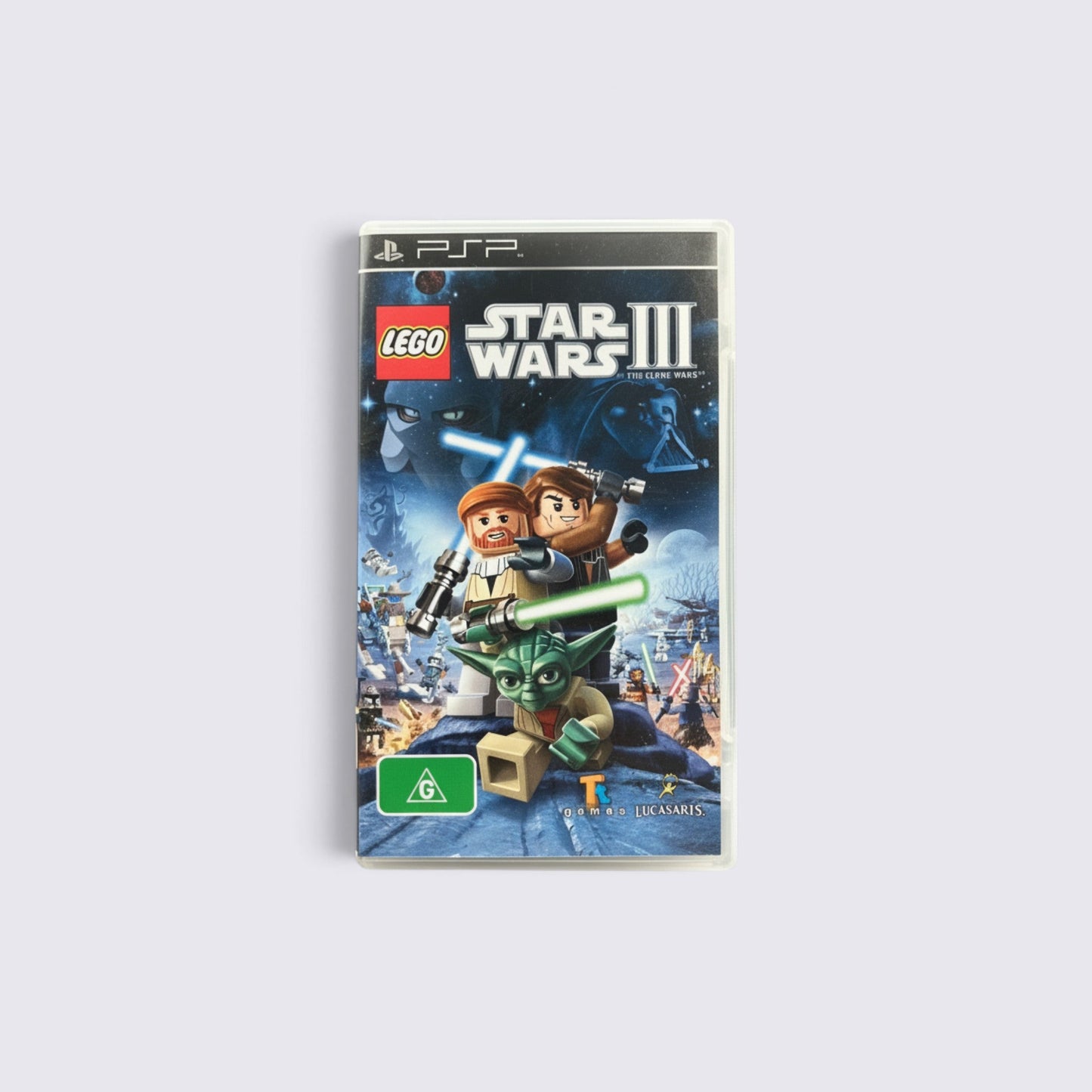 MrPixel LEGO Star Wars III The Clone Wars PSP game case featuring Obi-Wan, Anakin, and Yoda with lightsabers