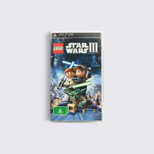 MrPixel LEGO Star Wars III The Clone Wars PSP game case featuring Obi-Wan, Anakin, and Yoda with lightsabers