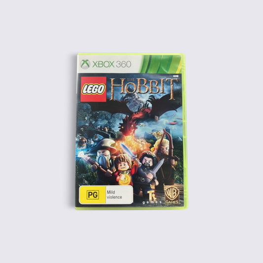 MrPixel LEGO The Hobbit Xbox 360 game case featuring Bilbo Baggins, Gandalf, and Thorin facing Smaug the dragon.