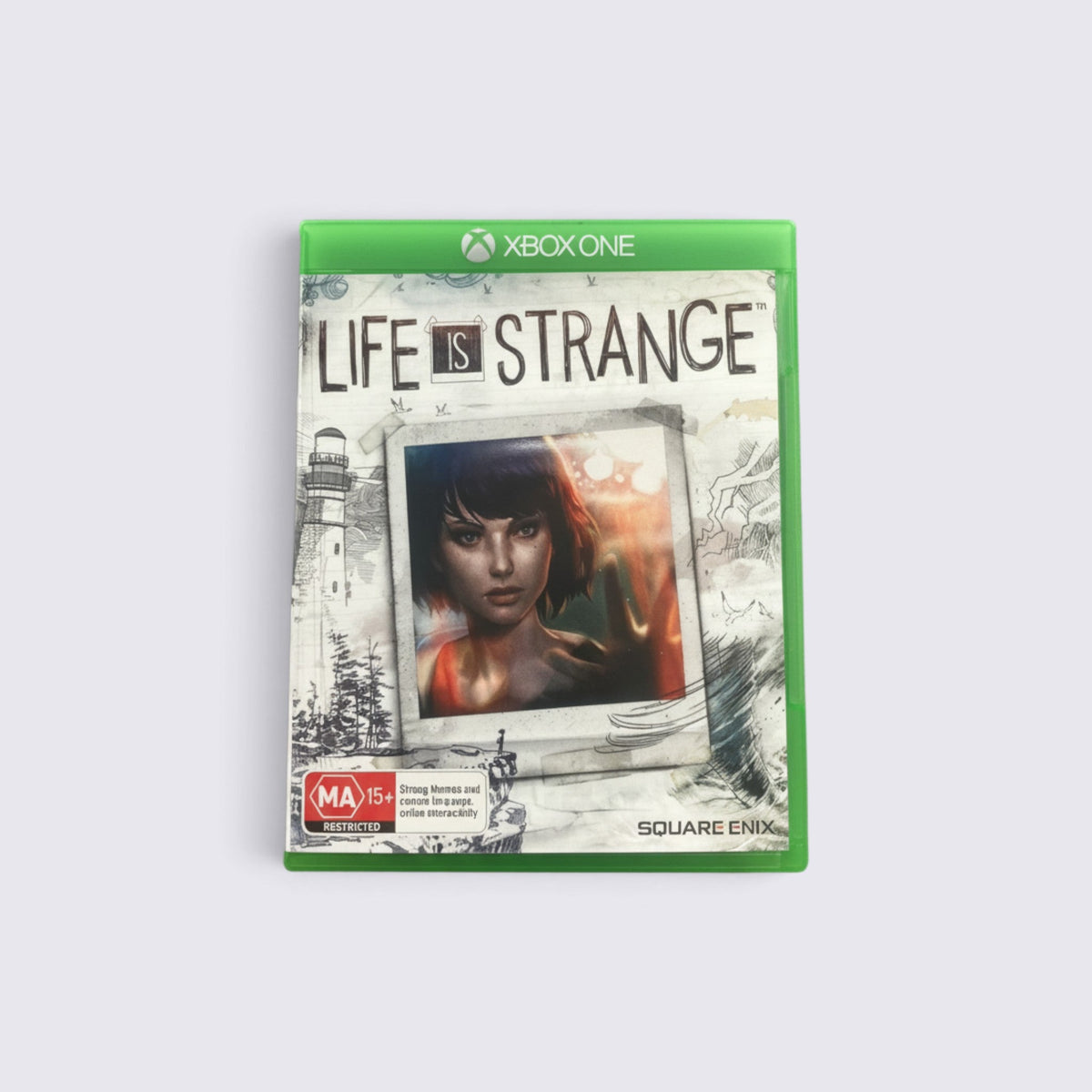 MrPixel Life Is Strange Xbox One game case featuring Max Caulfield in a polaroid frame with a lighthouse background.