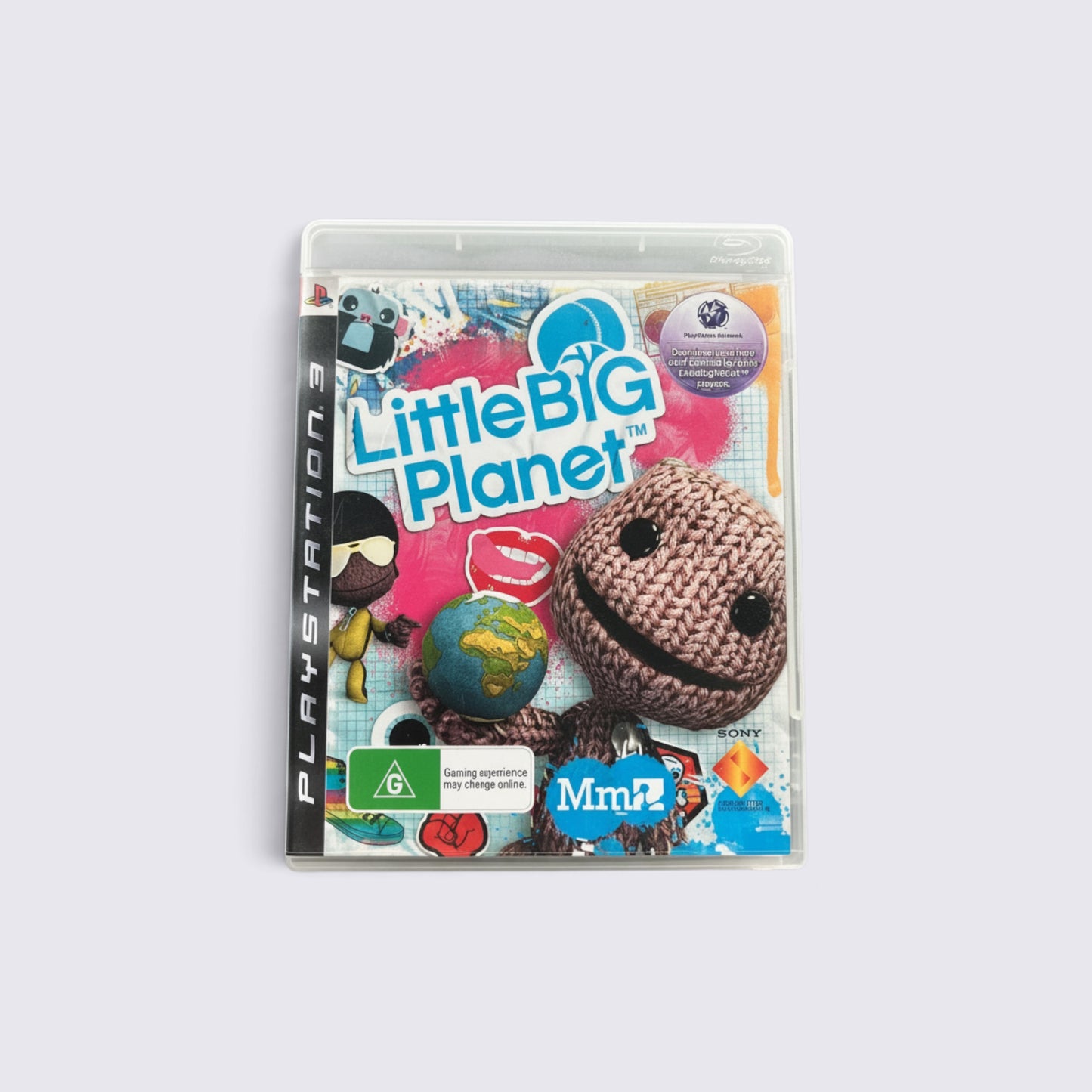 MrPixel Little Big Planet PlayStation 3 game case featuring Sackboy holding a globe on a craft-inspired background