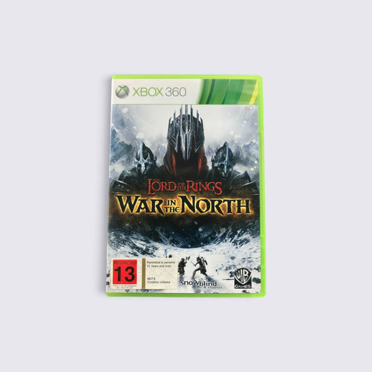 MrPixel The Lord of the Rings War in the North Xbox 360 game case featuring dark fantasy heroes in a snowy landscape
