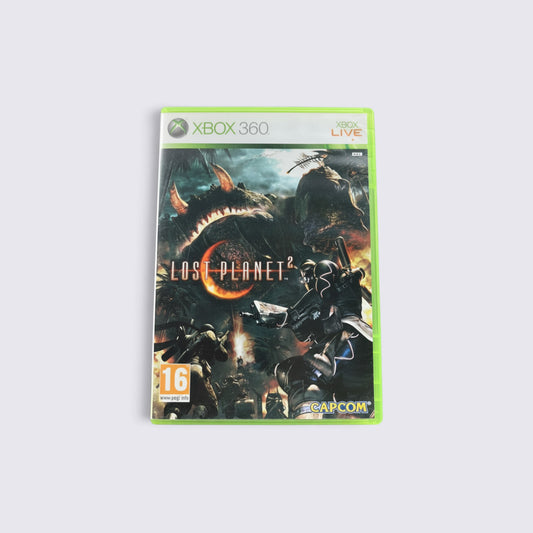 MrPixel Lost Planet 2 Xbox 360 game case featuring a massive creature and soldiers in a tropical environment.