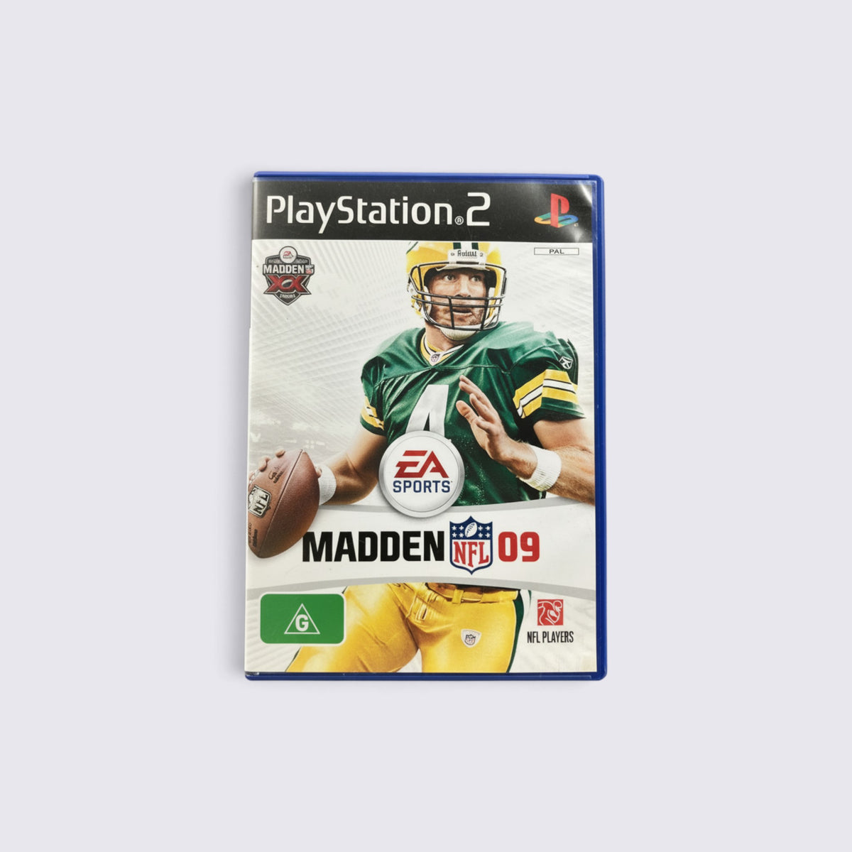 MrPixel Madden NFL 09 PlayStation 2 game case featuring Brett Favre in a Green Bay Packers uniform on the cover