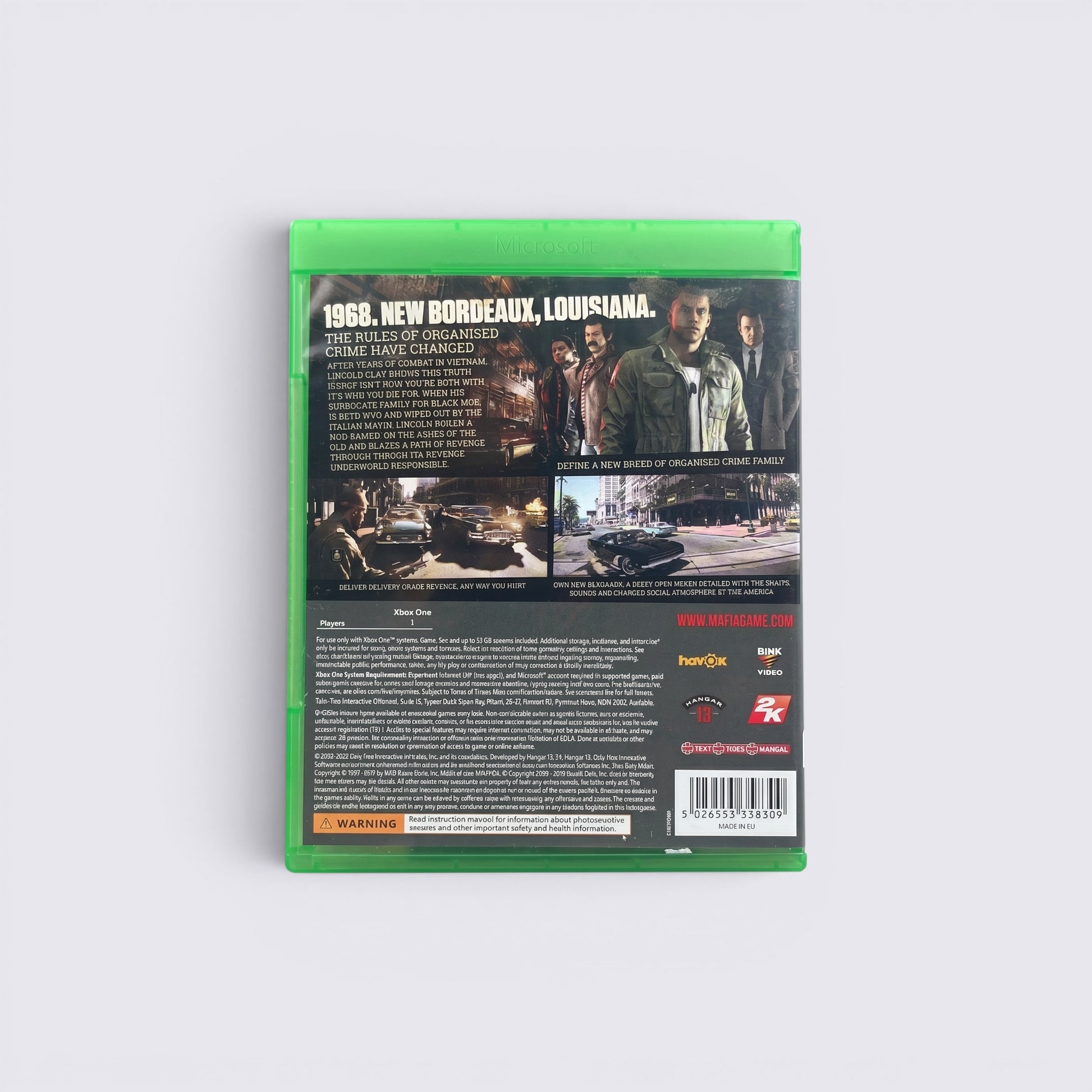 MrPixel Mafia 3 Xbox One game case back cover featuring Lincoln Clay and 1968 New Bordeaux crime story details