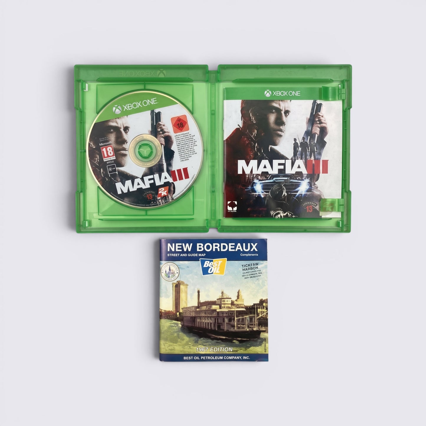 MrPixel Mafia 3 Xbox One game case with disc, cover art, and New Bordeaux street and guide map included.