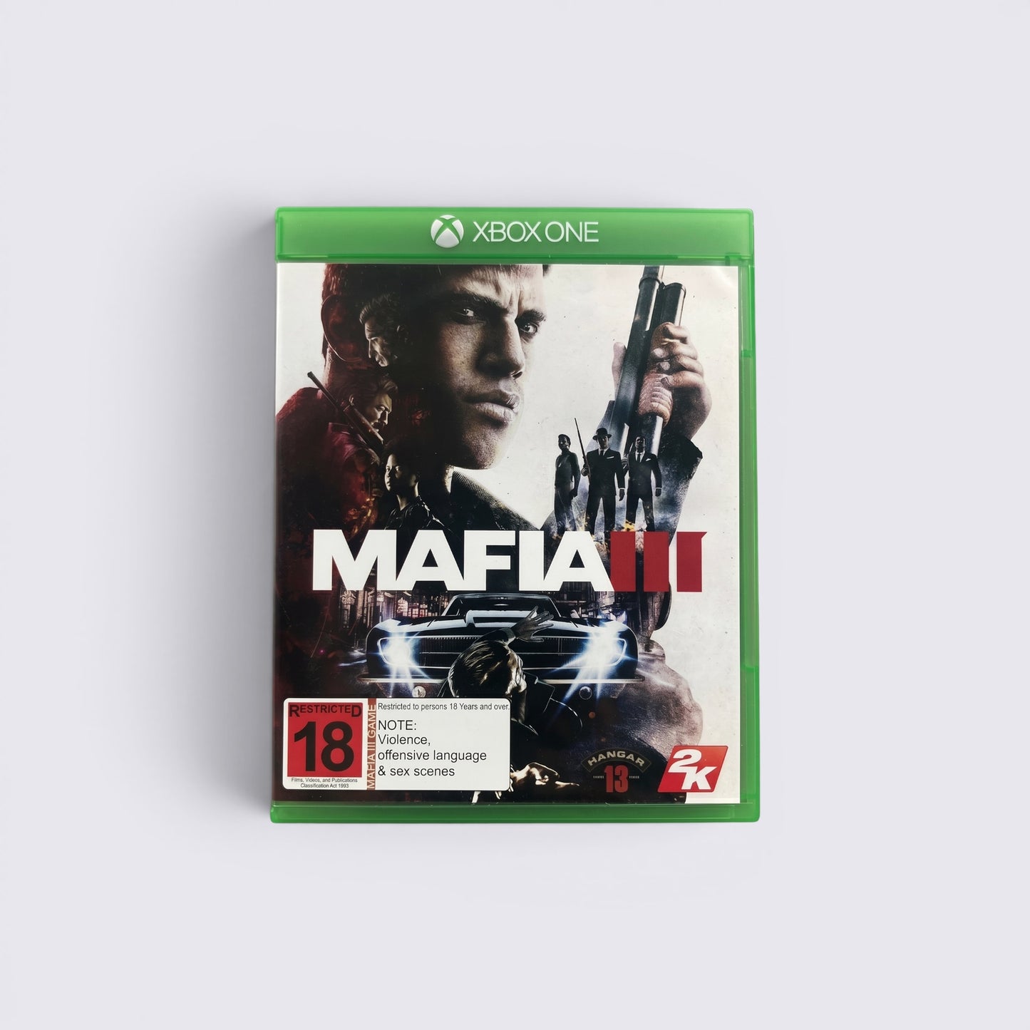 MrPixel Mafia 3 Xbox One game case featuring Lincoln Clay, a vintage muscle car, and a red 18+ rating label.