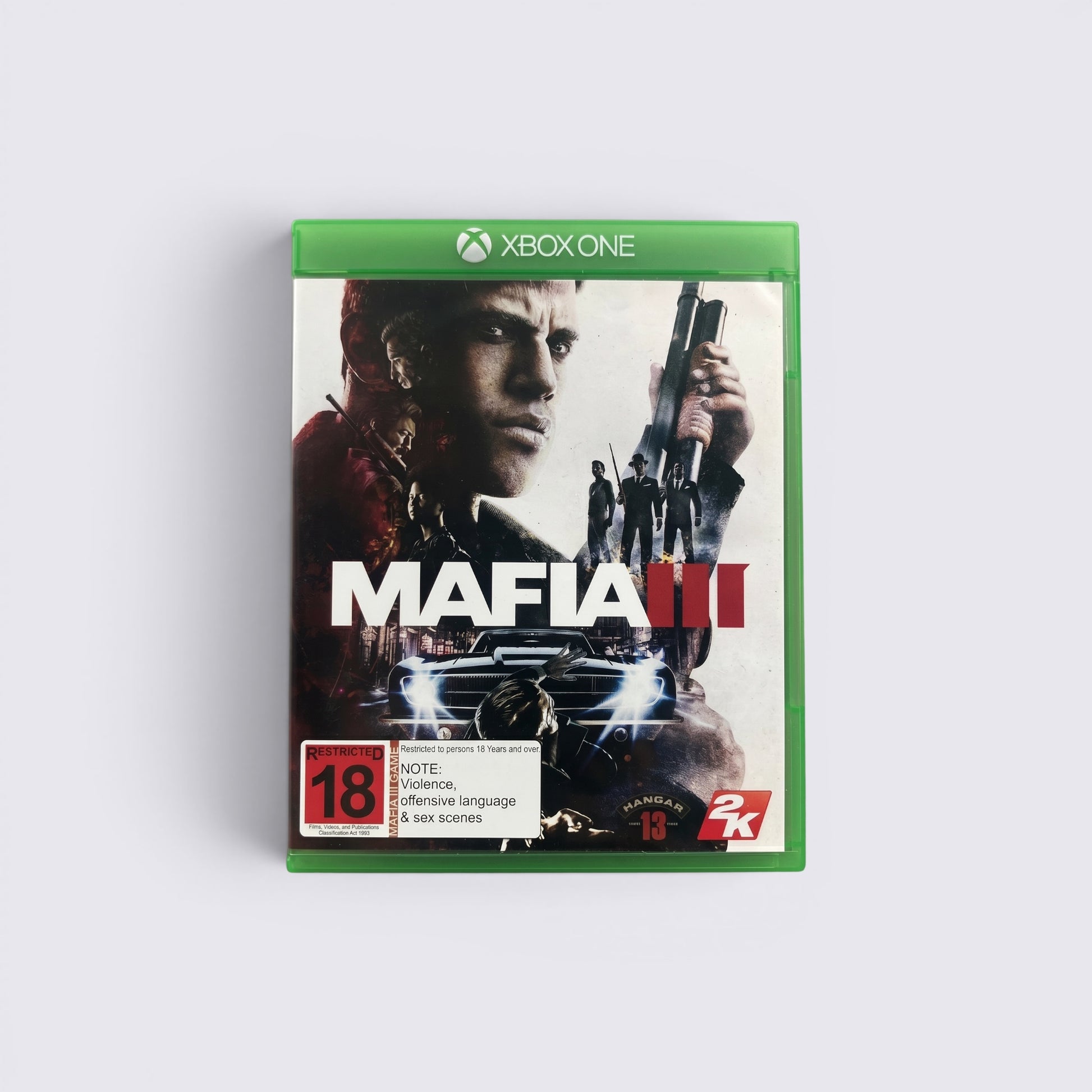 MrPixel Mafia 3 Xbox One game case featuring Lincoln Clay, a vintage muscle car, and a red 18+ rating label.