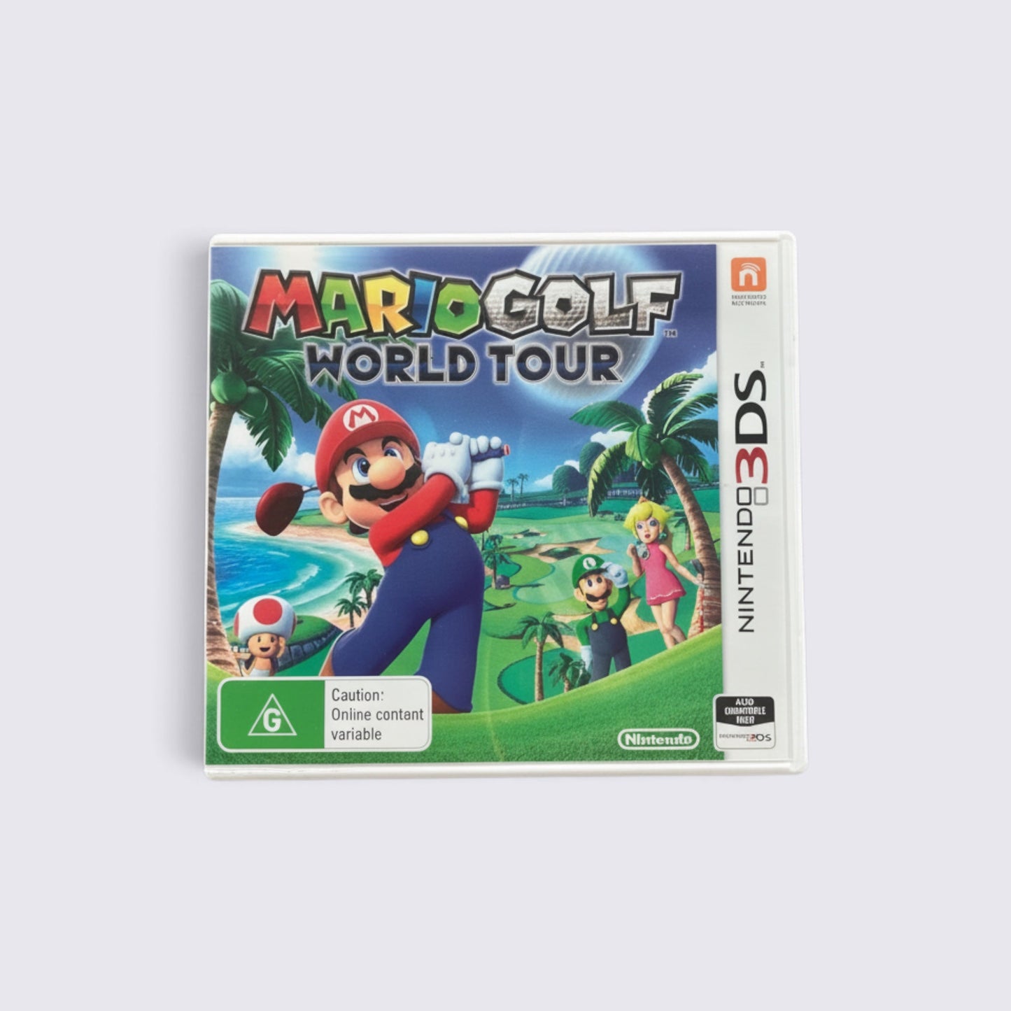 MrPixel Mario Golf: World Tour Nintendo 3DS game case featuring Mario, Luigi, Peach, and Toad on a golf course.