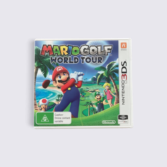 MrPixel Mario Golf: World Tour Nintendo 3DS game case featuring Mario, Luigi, Peach, and Toad on a golf course.