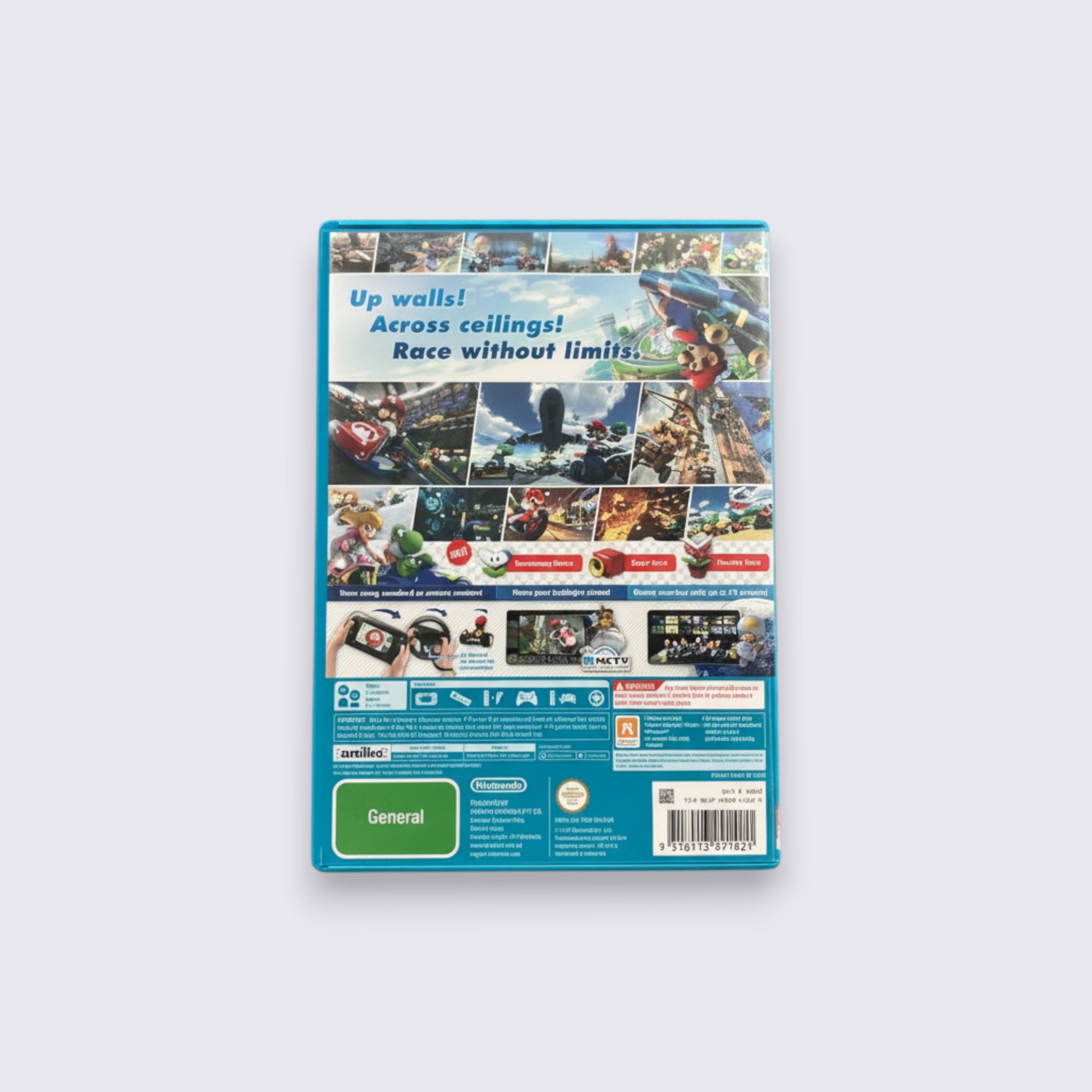 Back cover of MrPixel Mario Kart 8 Wii U game case featuring anti-gravity racing gameplay screenshots and features.