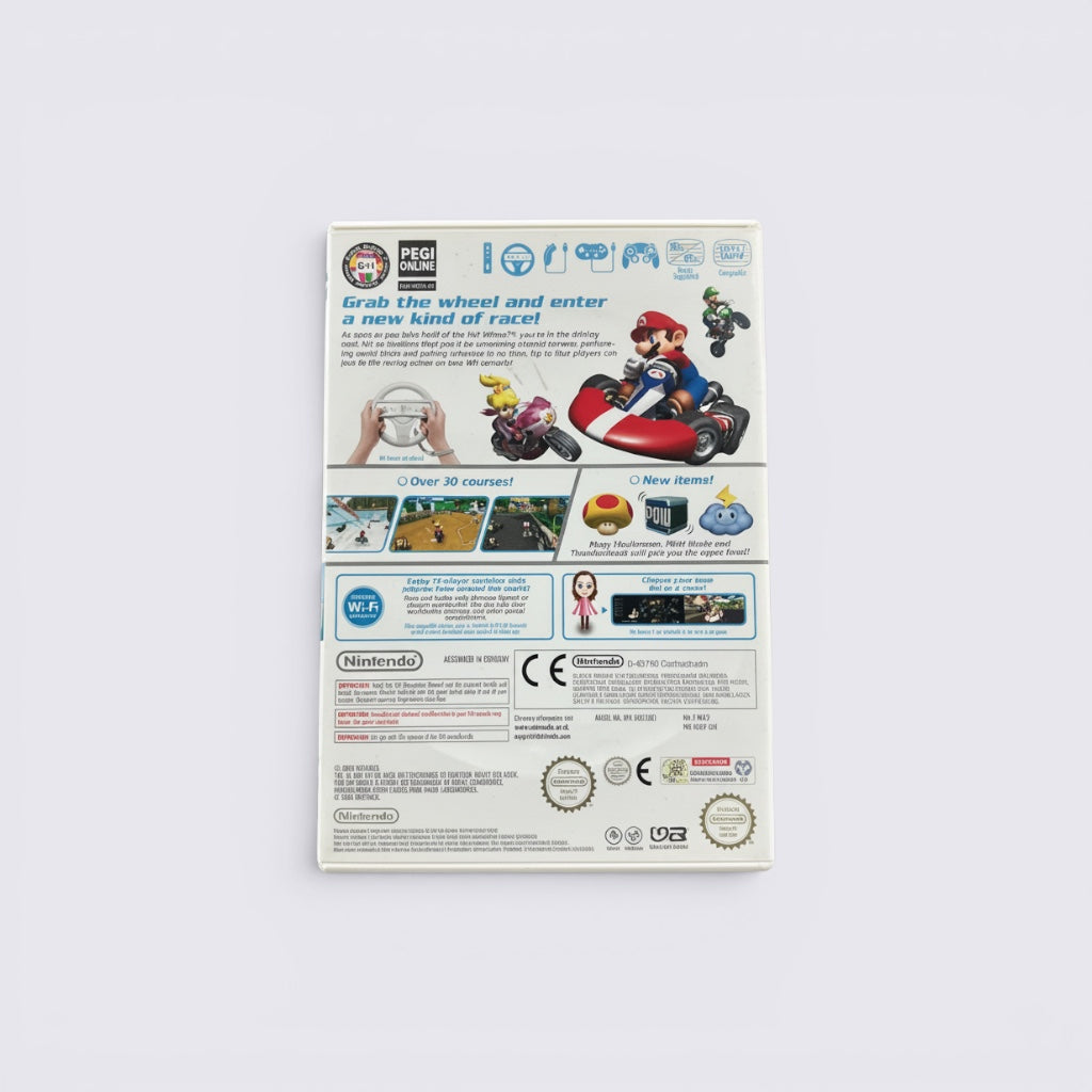 Back cover of MrPixel Mario Kart Wii game case showing gameplay screenshots, Wii Wheel, and Nintendo branding.