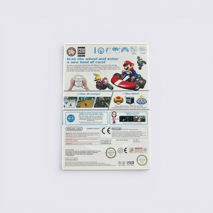 Back cover of MrPixel Mario Kart Wii game case showing gameplay screenshots, Wii Wheel, and Nintendo branding.