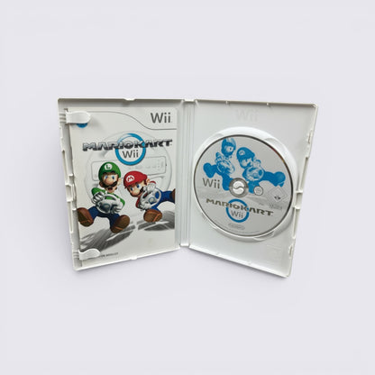 MrPixel Mario Kart Wii game case open with disc and manual featuring Mario and Luigi on a grey background