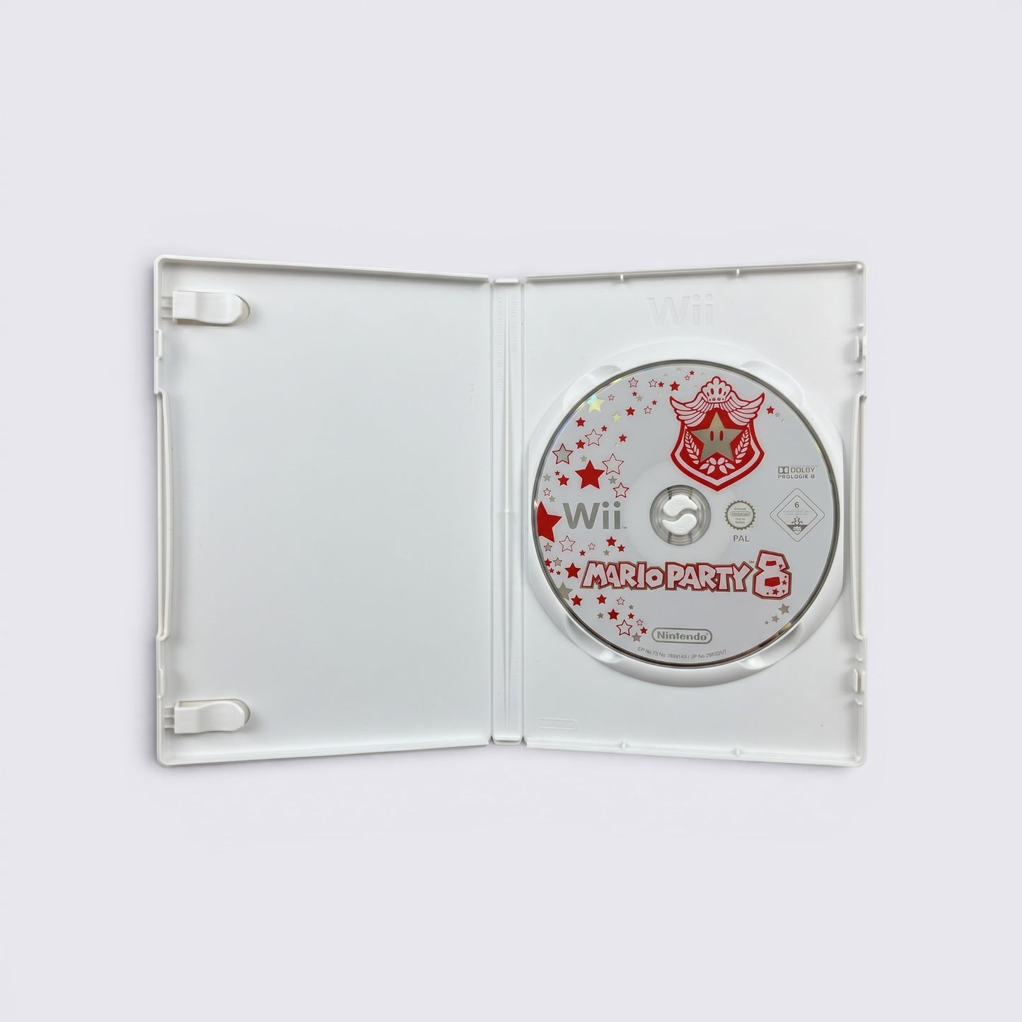MrPixel Mario Party 8 Wii game disc inside its original white plastic case featuring red star and crown graphics.