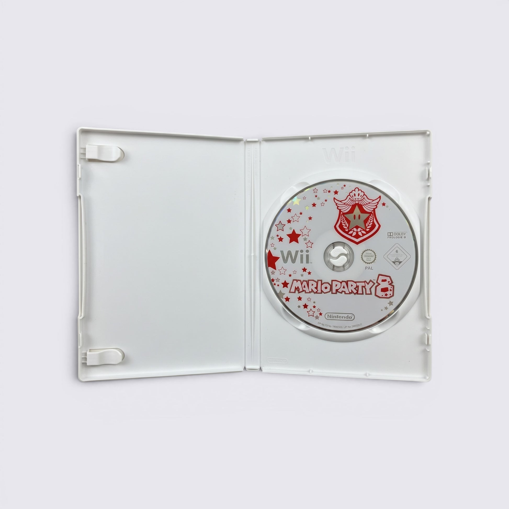 MrPixel Mario Party 8 Wii game disc inside its original white plastic case featuring red star and crown graphics.