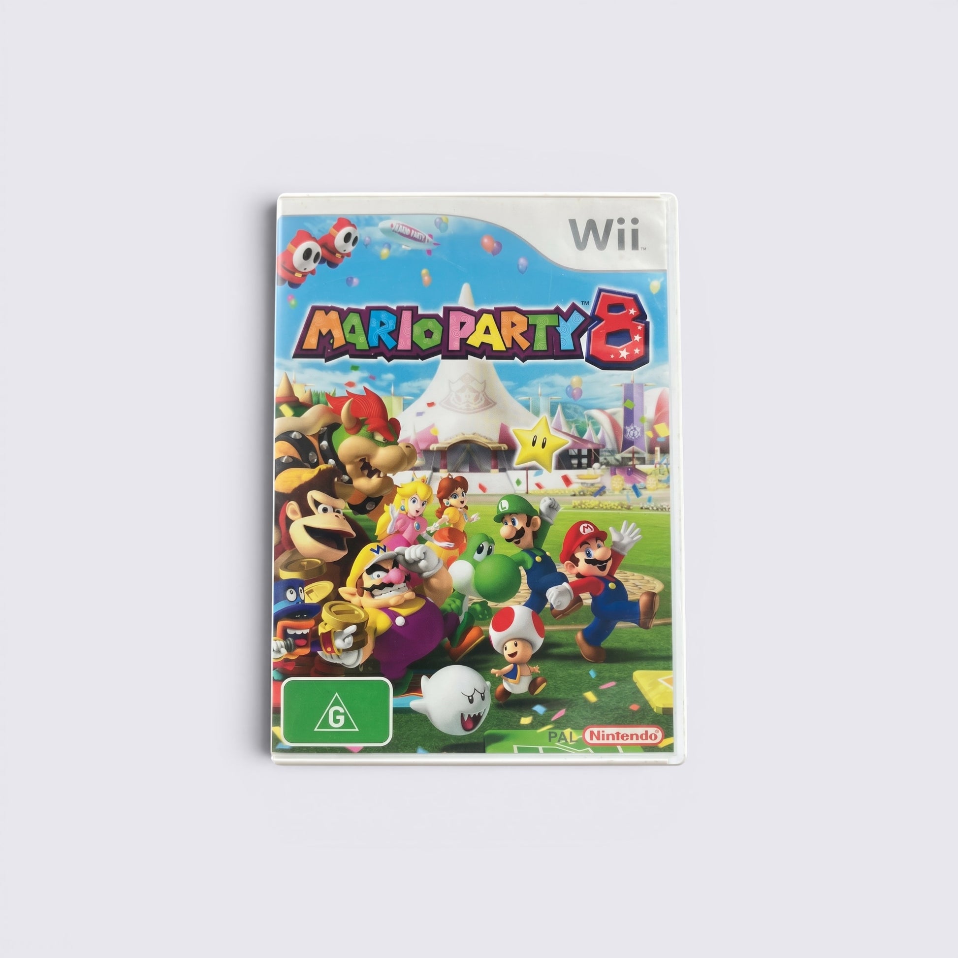 MrPixel Mario Party 8 Wii game case featuring Mario, Luigi, and friends in a colourful carnival setting