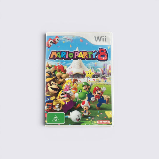 MrPixel Mario Party 8 Wii game case featuring Mario, Luigi, and friends in a colourful carnival setting