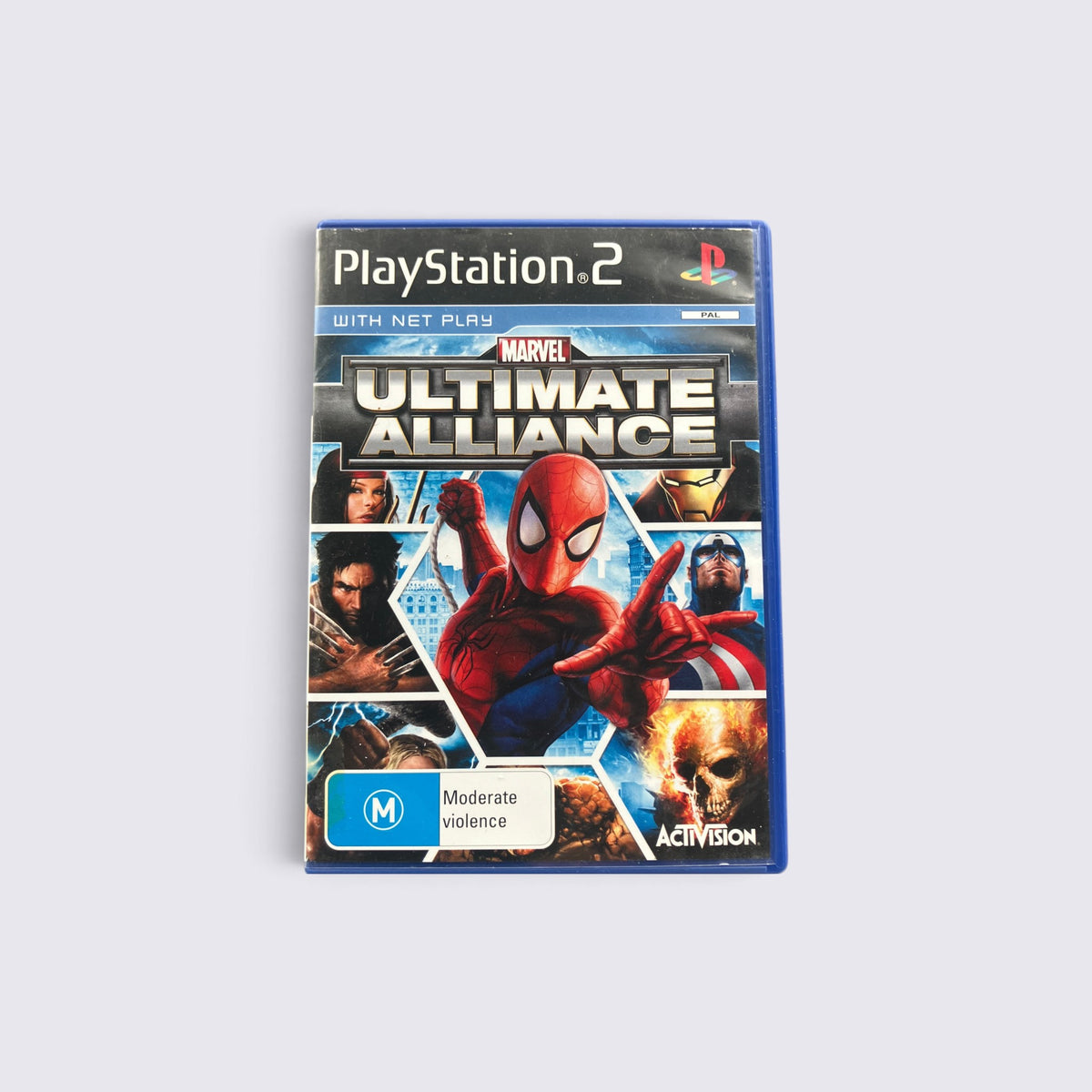 MrPixel Marvel Ultimate Alliance PlayStation 2 game case featuring Spider-Man, Iron Man, and Wolverine artwork