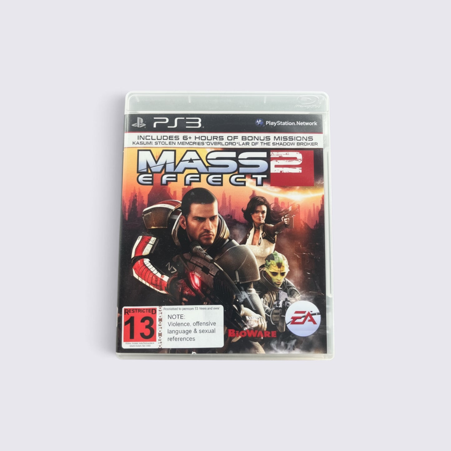 MrPixel Mass Effect 2 PlayStation 3 game case featuring Commander Shepard and squad members on a sci-fi cover art