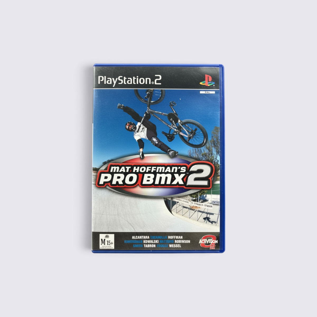 MrPixel Mat Hoffman's Pro BMX 2 game case for PlayStation 2 featuring a BMX rider performing a trick in a skate park.