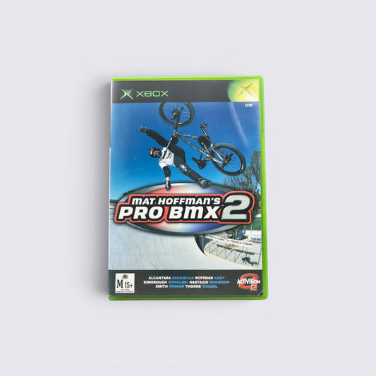 MrPixel Mat Hoffman's Pro BMX 2 video game for Xbox featuring a BMX rider performing a trick on the cover art