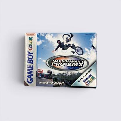 MrPixel Mat Hoffman's Pro BMX instruction booklet for Game Boy Color featuring a BMX rider performing a stunt.