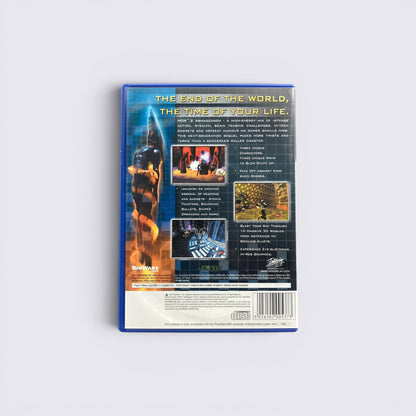 MrPixel MDK 2 Armageddon PS2 game case back cover featuring sci-fi action screenshots and game feature descriptions.