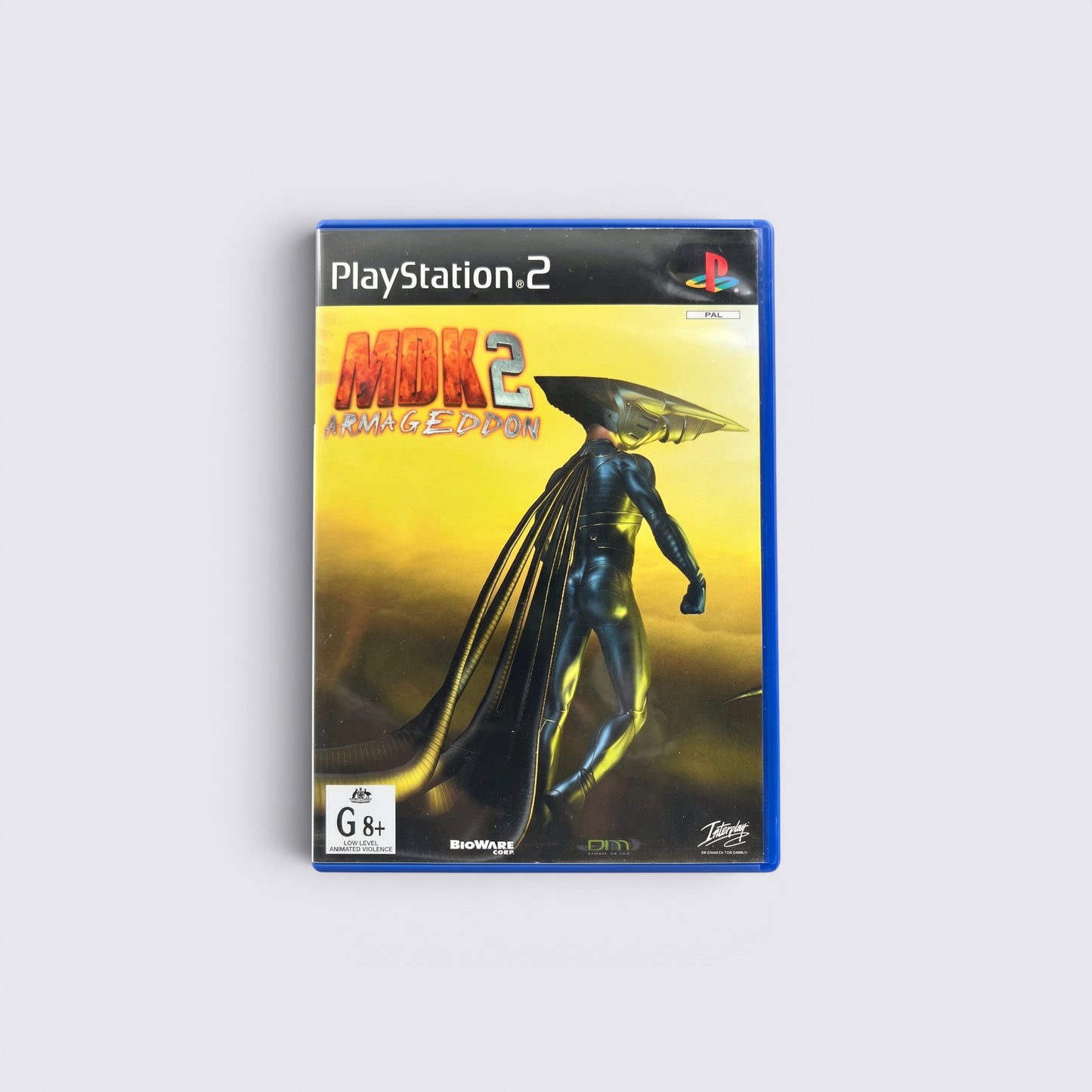 MrPixel MDK 2 Armageddon PlayStation 2 game case featuring a sci-fi character in a yellow and black cover art.