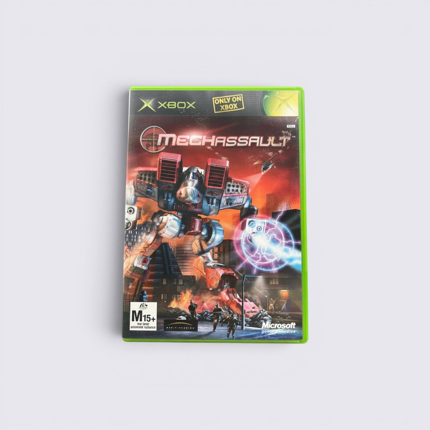 MrPixel MechAssault Xbox game case featuring a giant red BattleMech in a futuristic war-torn city landscape.