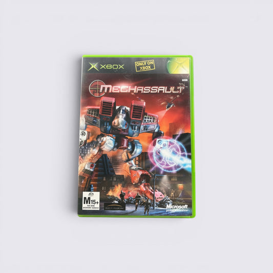 MrPixel MechAssault Xbox game case featuring a giant red BattleMech in a futuristic war-torn city landscape.