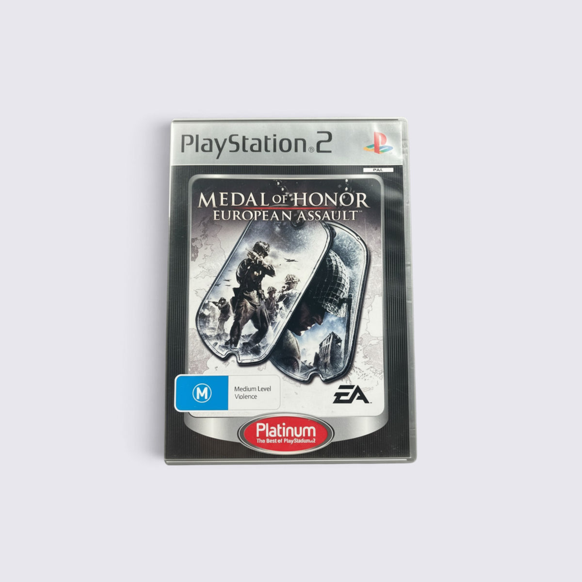 MrPixel Medal of Honor European Assault Platinum edition game case for PlayStation 2 featuring dog tag cover art.