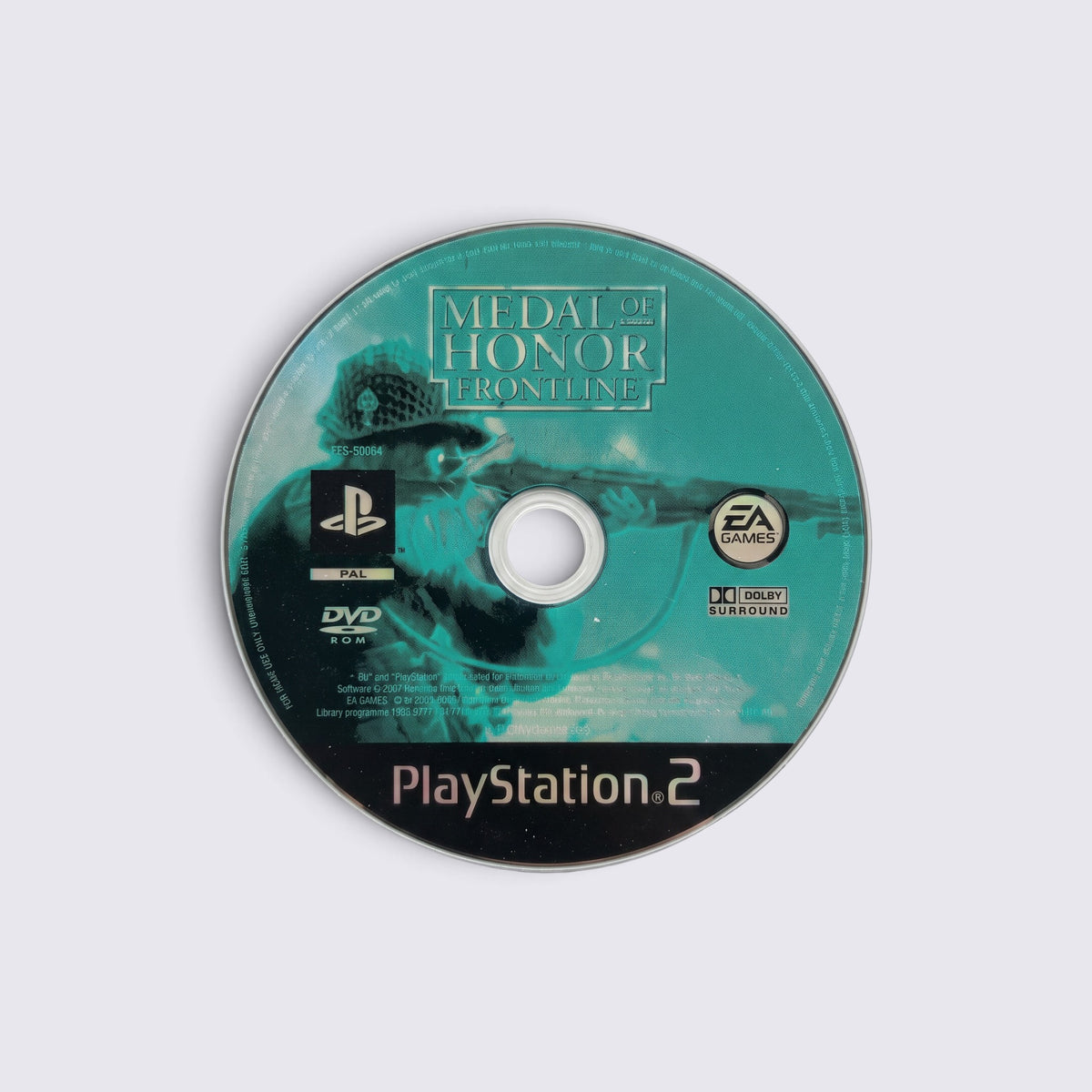 MrPixel Medal of Honor Frontline PlayStation 2 game disc featuring a soldier graphic on a teal background.