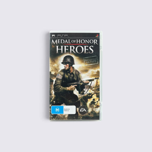 MrPixel Medal of Honor Heroes PSP game case featuring a soldier in a World War II battlefield scene.