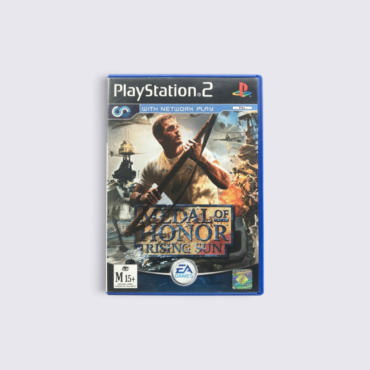 MrPixel Medal of Honor Rising Sun PlayStation 2 game case featuring a soldier with a rifle in a Pacific war scene.