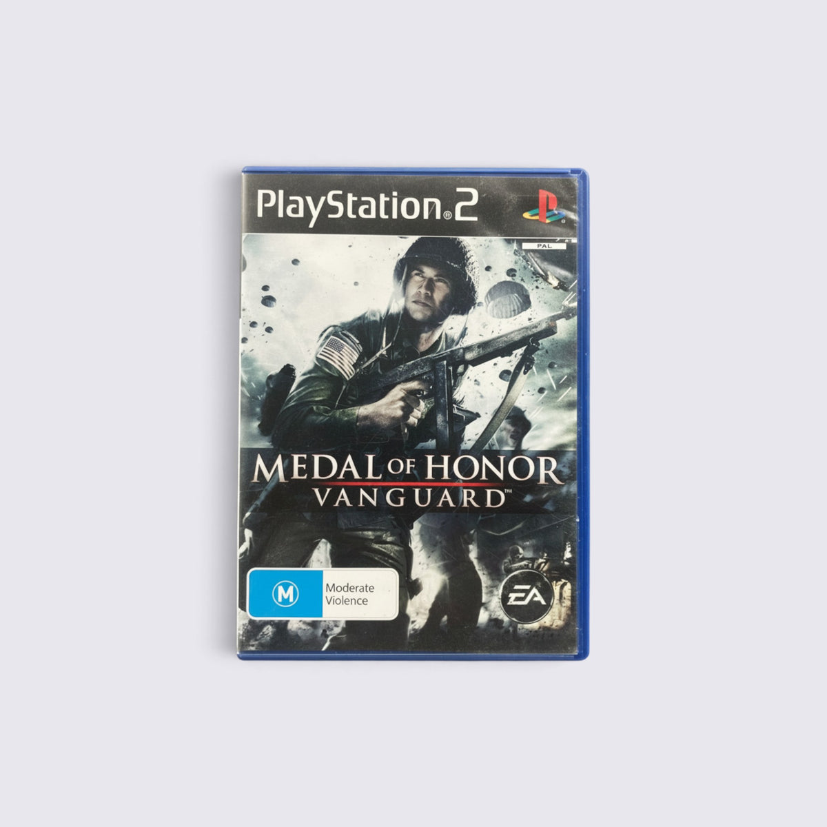 MrPixel Medal of Honor Vanguard PlayStation 2 game case featuring a soldier in combat during World War II.