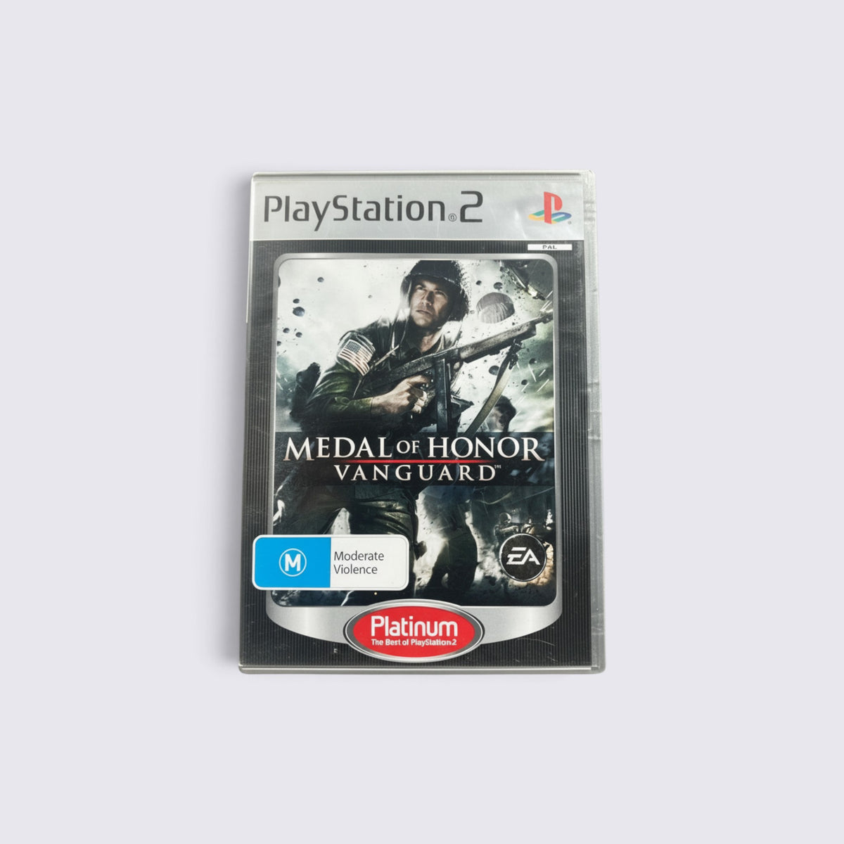 MrPixel Medal of Honor Vanguard Platinum edition game case for PlayStation 2 featuring WWII soldier artwork