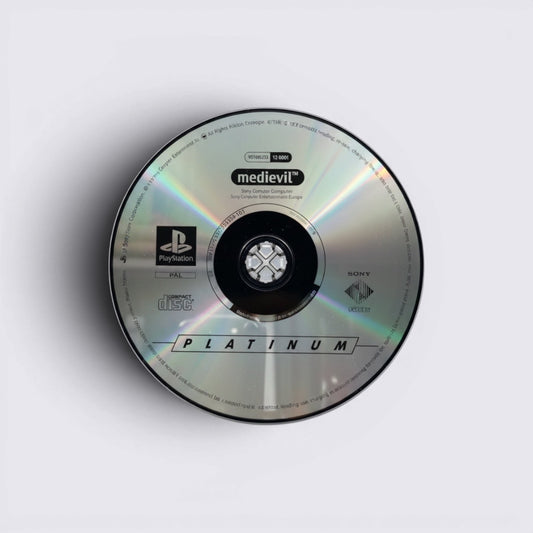 MrPixel Medievil Platinum edition game disc for Sony PlayStation featuring classic action-adventure branding
