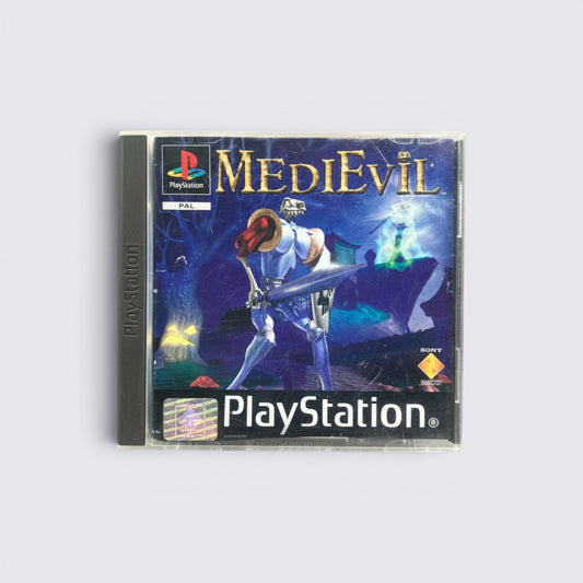 MrPixel Medievil PlayStation game case featuring Sir Daniel Fortesque in a dark, gothic, haunted landscape.