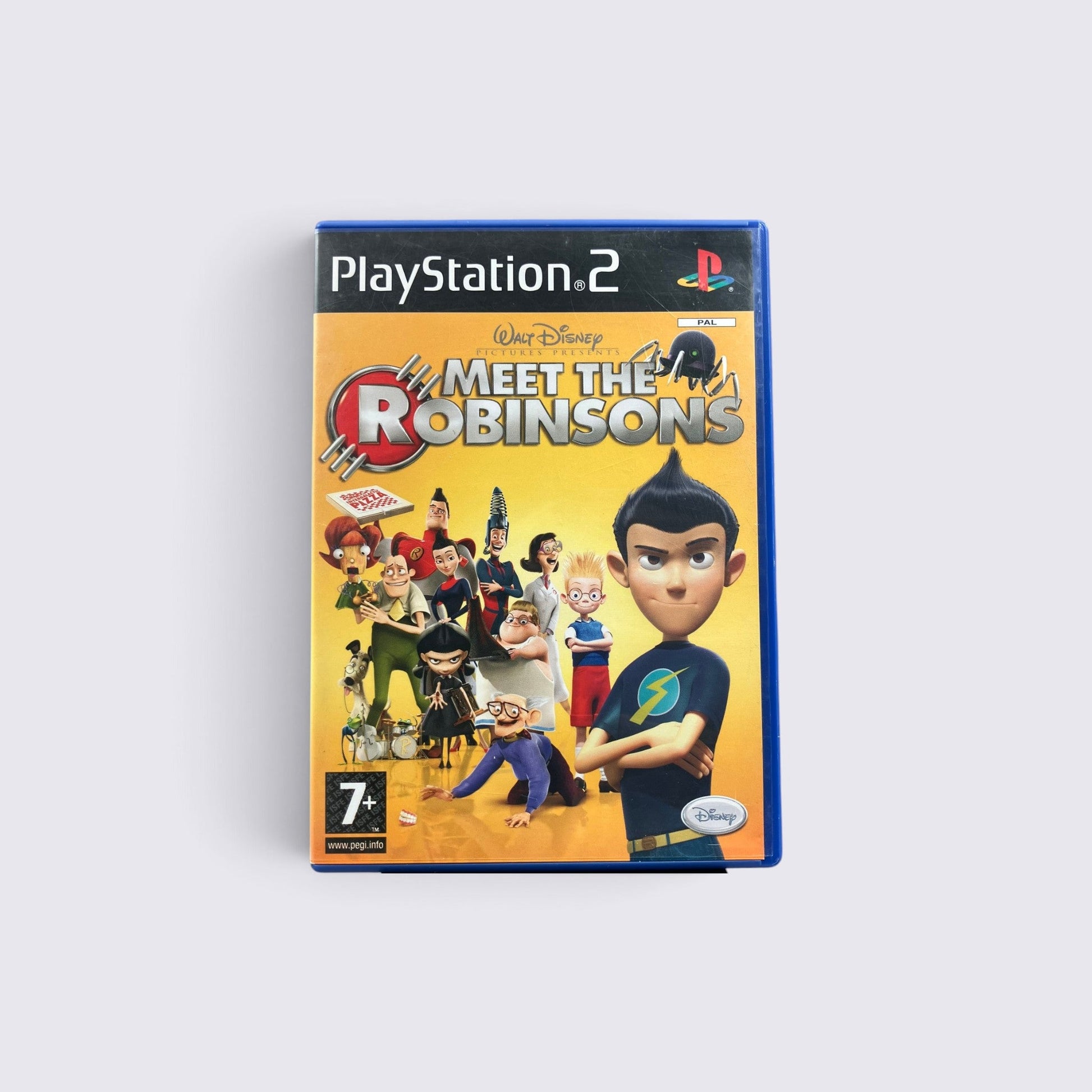 MrPixel Meet The Robinsons PlayStation 2 game case featuring Lewis and the Robinson family on a yellow background