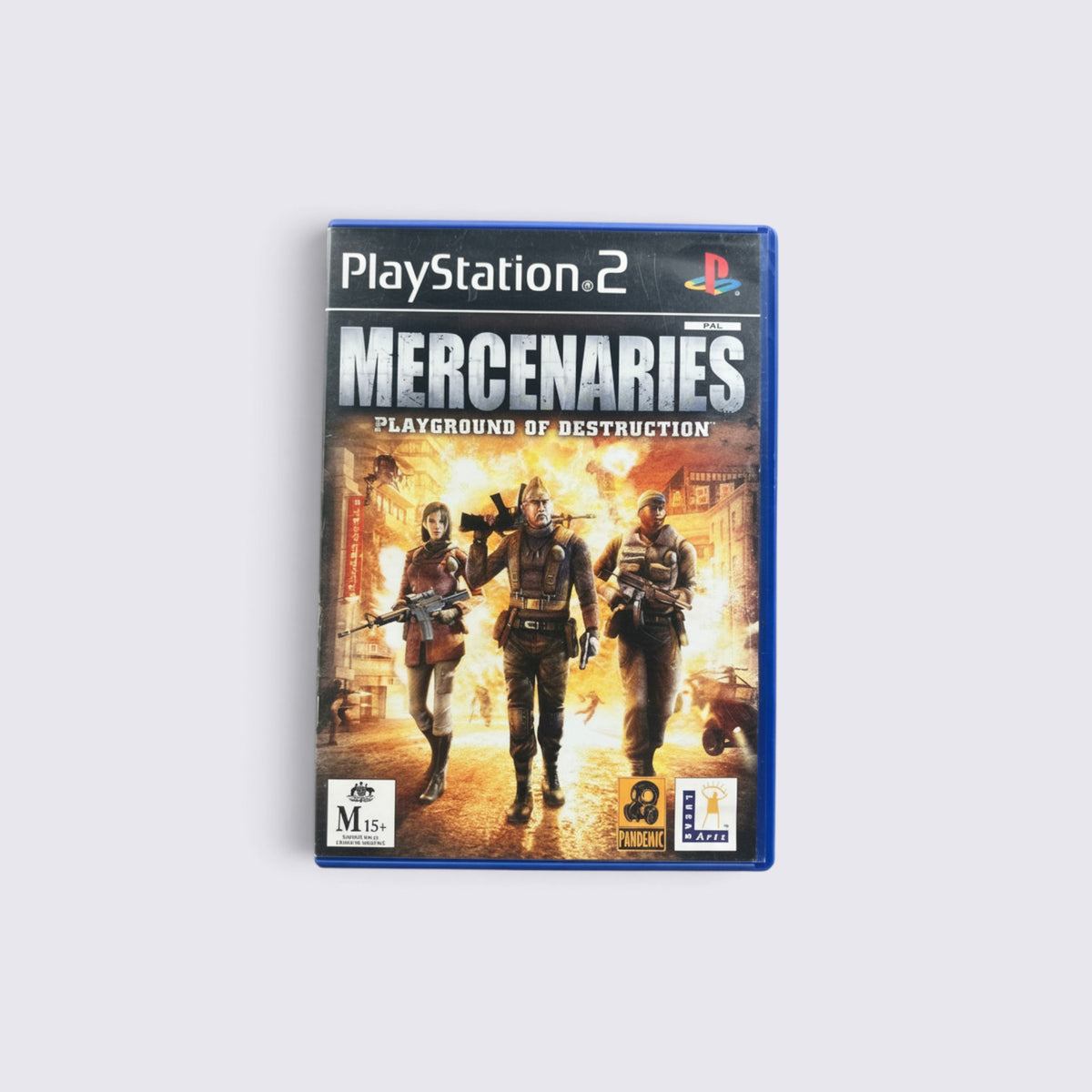 MrPixel Mercenaries PlayStation 2 game case featuring three soldiers walking through a war-torn city scene