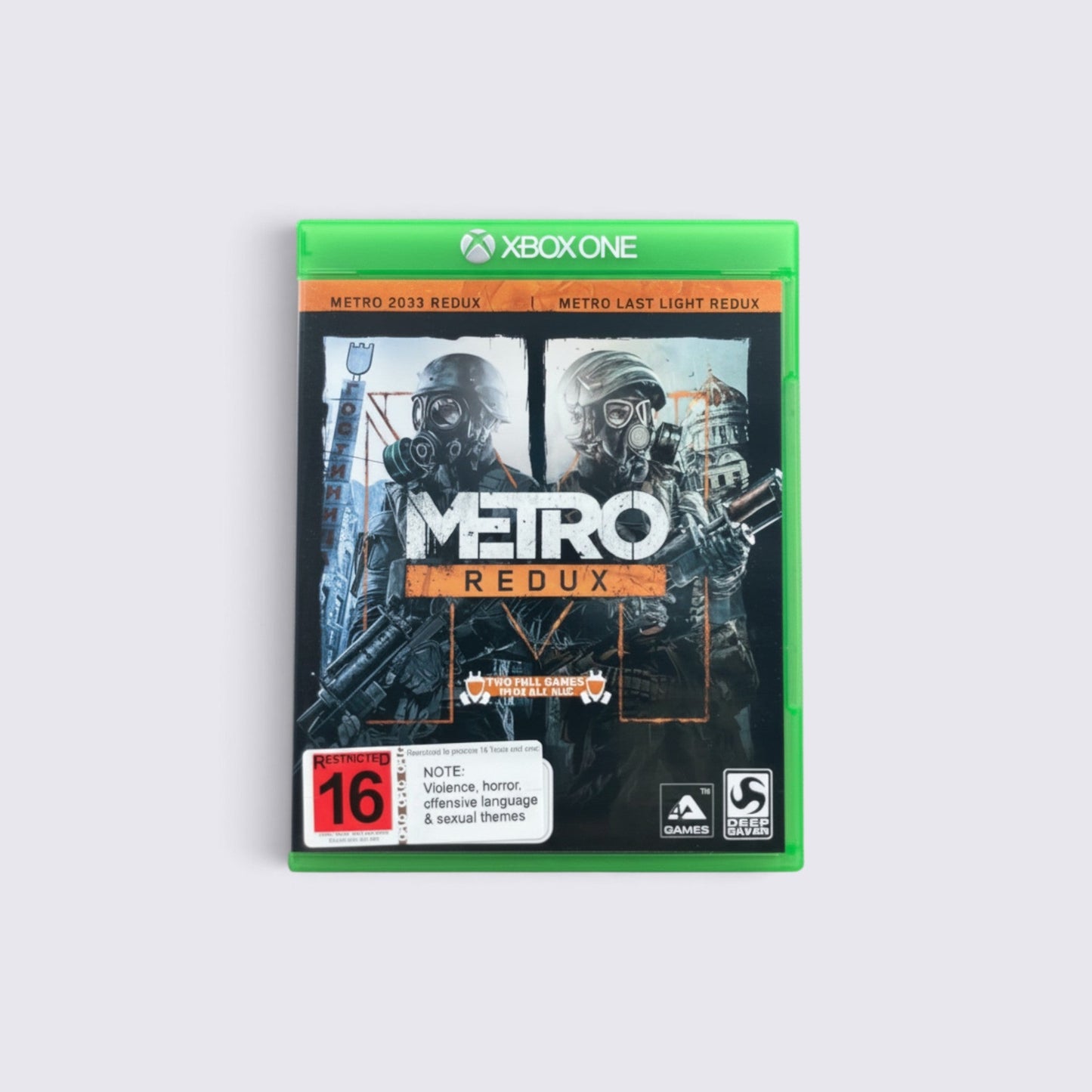 MrPixel Metro Redux Xbox One game case featuring two soldiers in gas masks against a post-apocalyptic background.