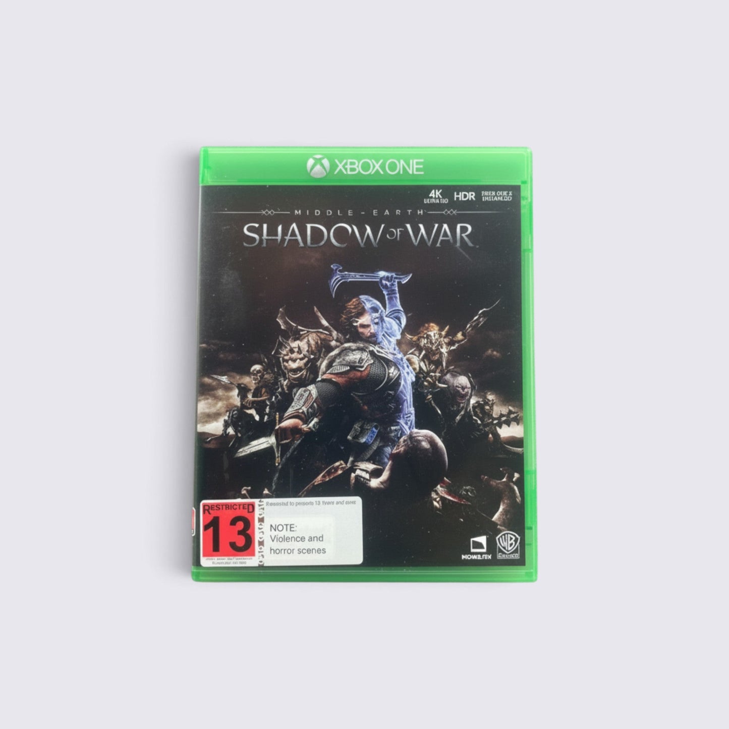 MrPixel Middle Earth: Shadow of War Xbox One game case featuring Talion and orc army artwork.