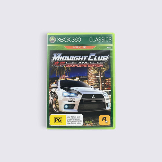 MrPixel Midnight Club: Los Angeles Complete Edition Xbox 360 game case featuring a white sports car in LA at night.