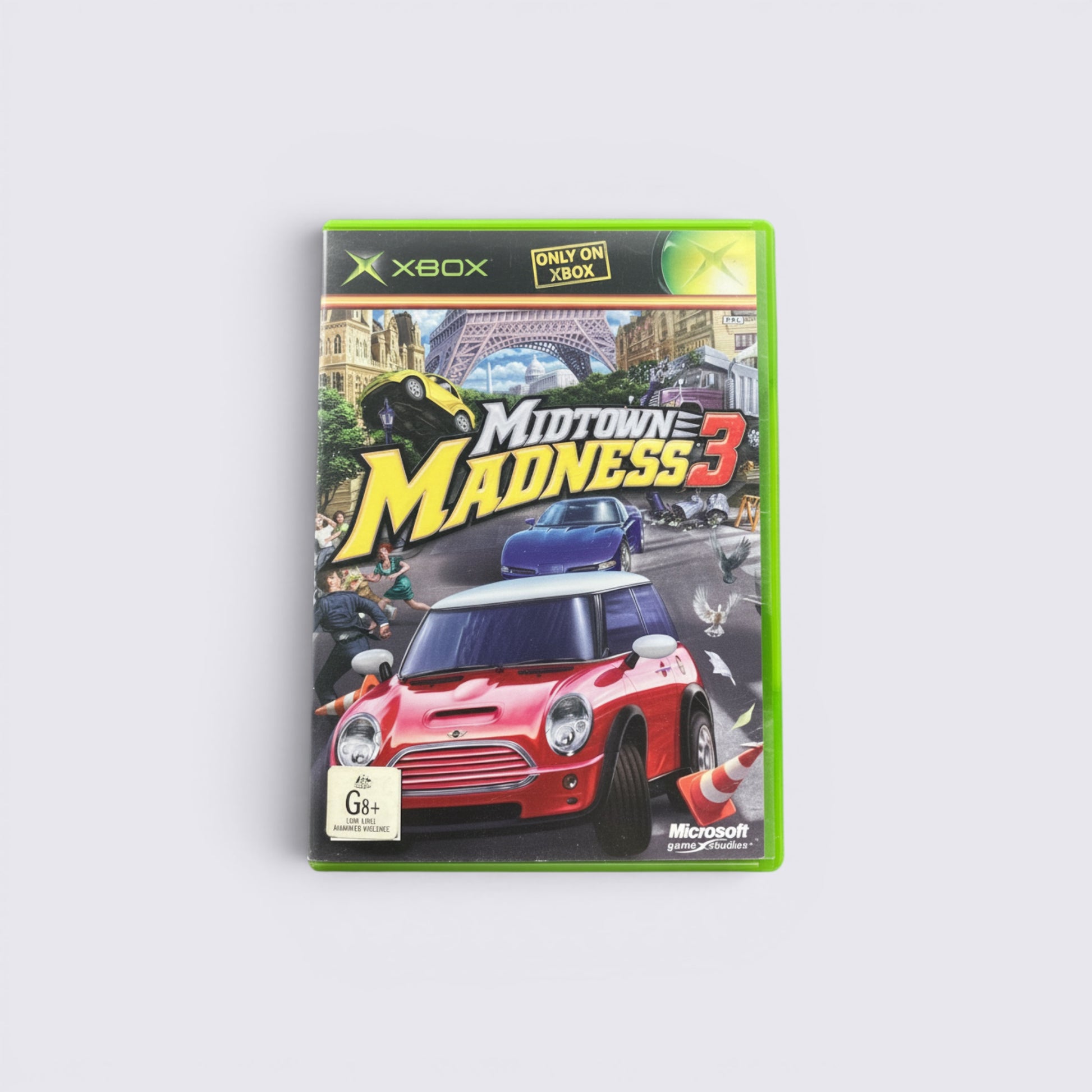 MrPixel Midtown Madness 3 Xbox game case featuring a red Mini Cooper and Paris city skyline artwork