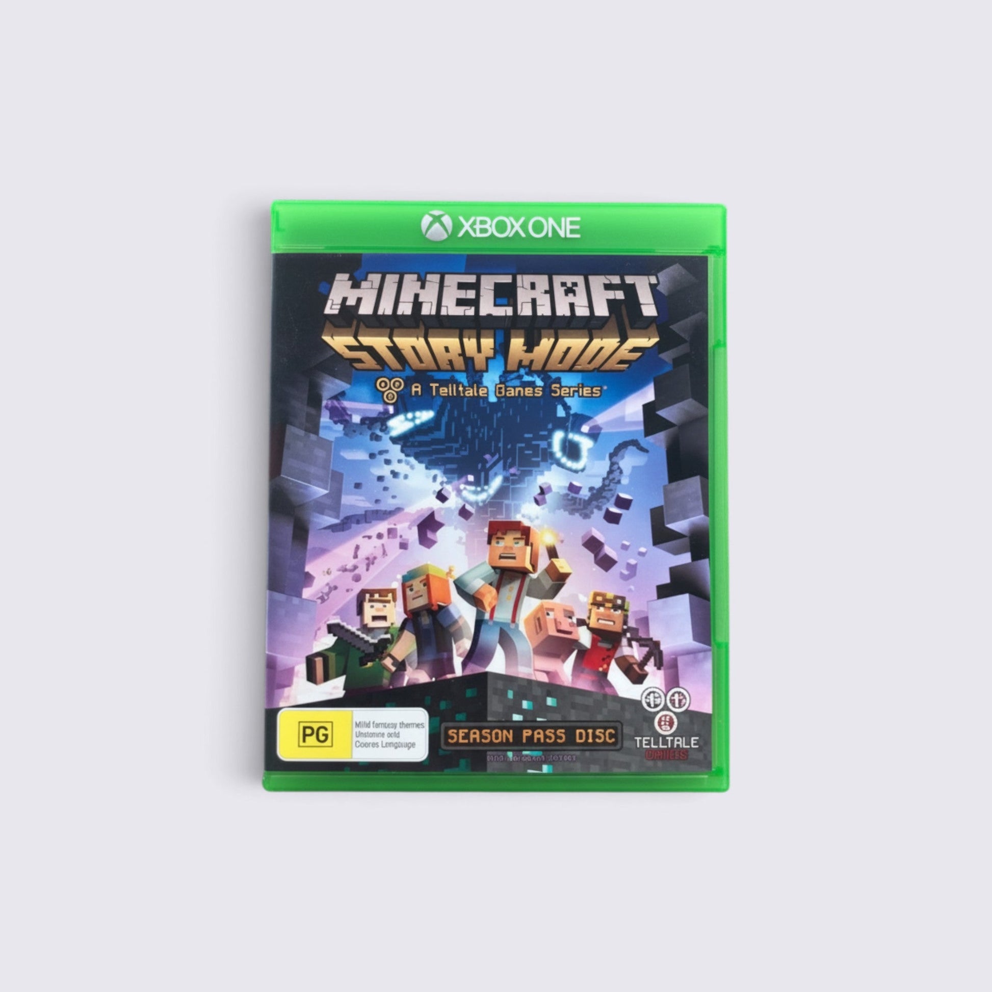 MrPixel Minecraft: Story Mode Xbox One game case featuring Jesse and friends against a monstrous threat