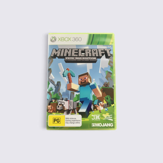 MrPixel Minecraft Xbox 360 Edition game case featuring Steve with a pickaxe and a wolf in a blocky landscape