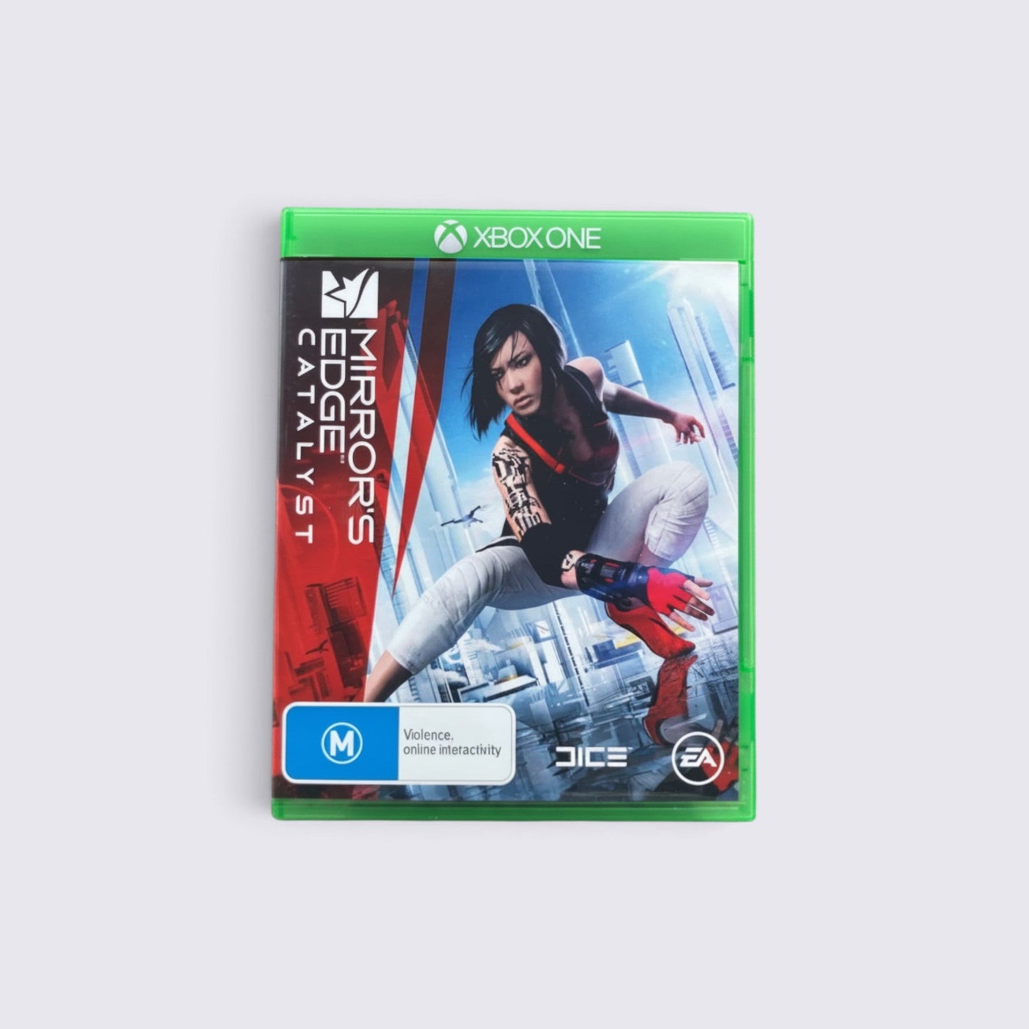 MrPixel Mirror's Edge Catalyst Xbox One game case featuring Faith Connors in a parkour pose against a city backdrop.