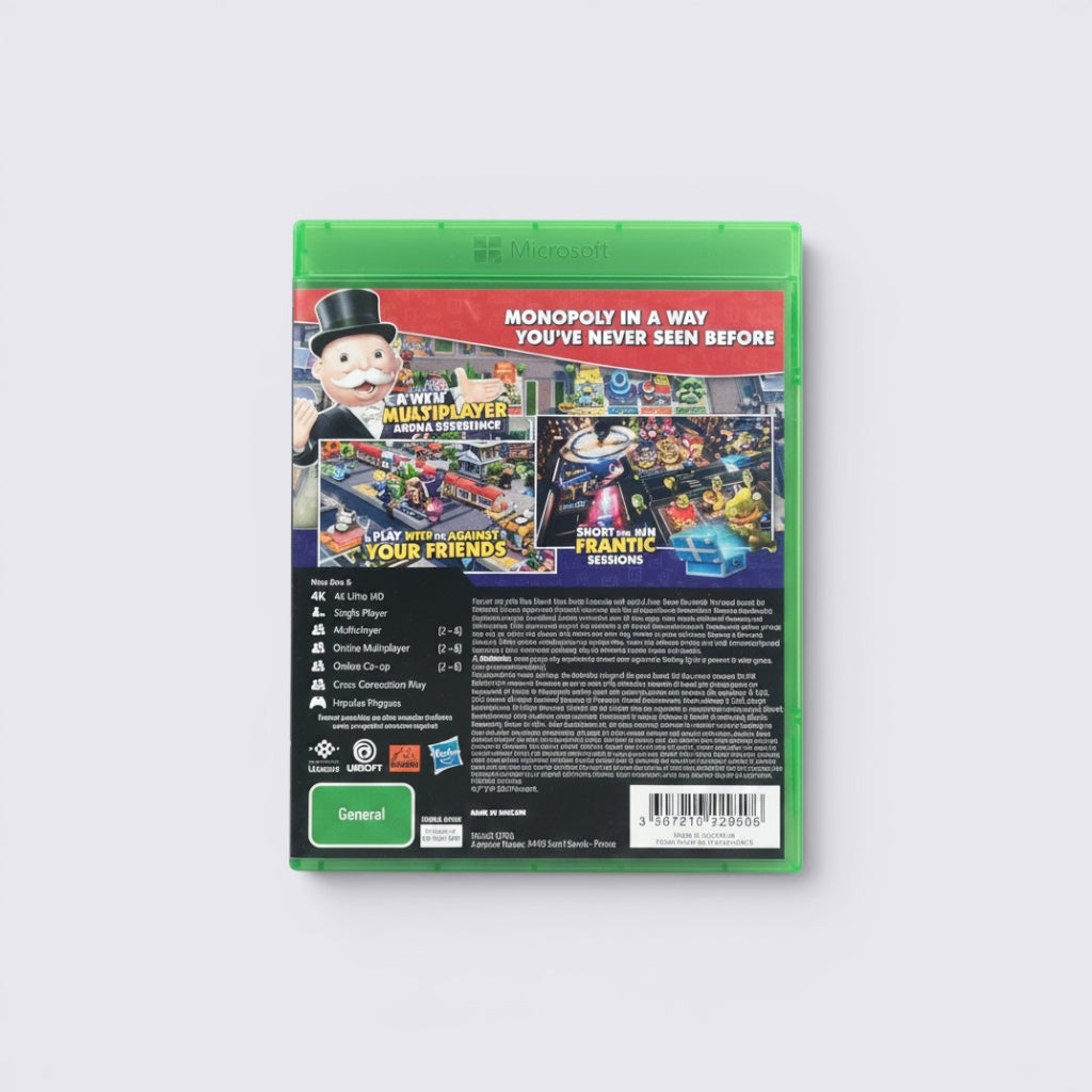 MrPixel Monopoly Madness Xbox One game case back cover showing gameplay screenshots and multiplayer features.