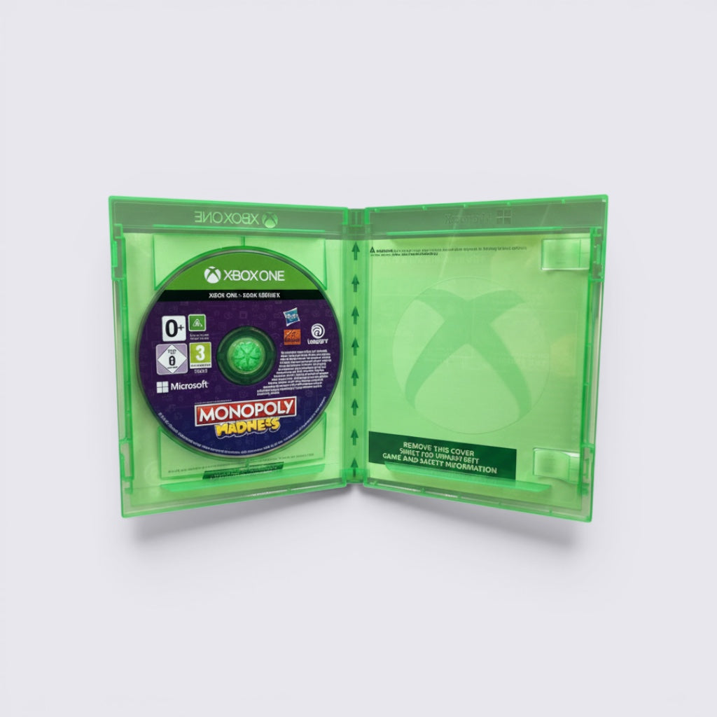MrPixel Monopoly Madness game disc inside an open green Xbox One plastic case against a plain background